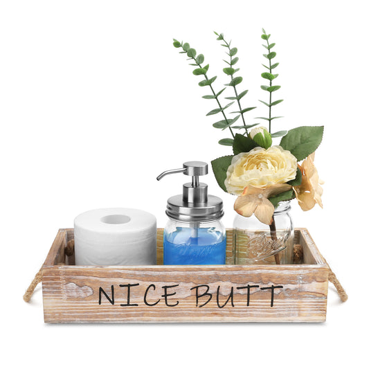 Nice Butt Toilet Paper Holder-Rustic Funny Home Decor Box for Bathroom Vanity Top,Table,Counter with Mason Jar Soap Dispenser w/ Stainless Steel Pump and Greenery Rose Champagne,Brown