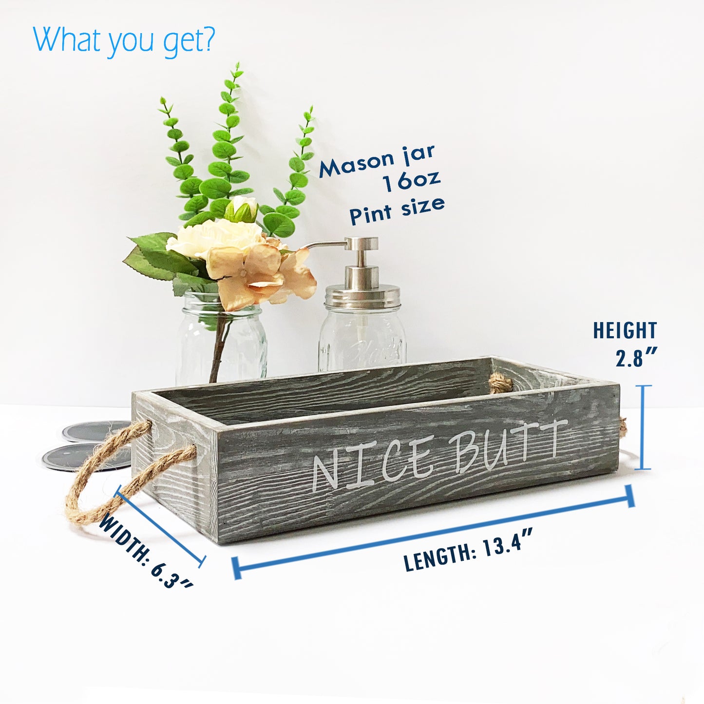 Bathroom Toilet Paper Storage Box- Rustic Decorative Paper Holder Box with 2 sided Funny Sayings Nice Butt for Home,Bathroom,Counter Decor,Mason Jar Soap Dispenser and Flower,Grey
