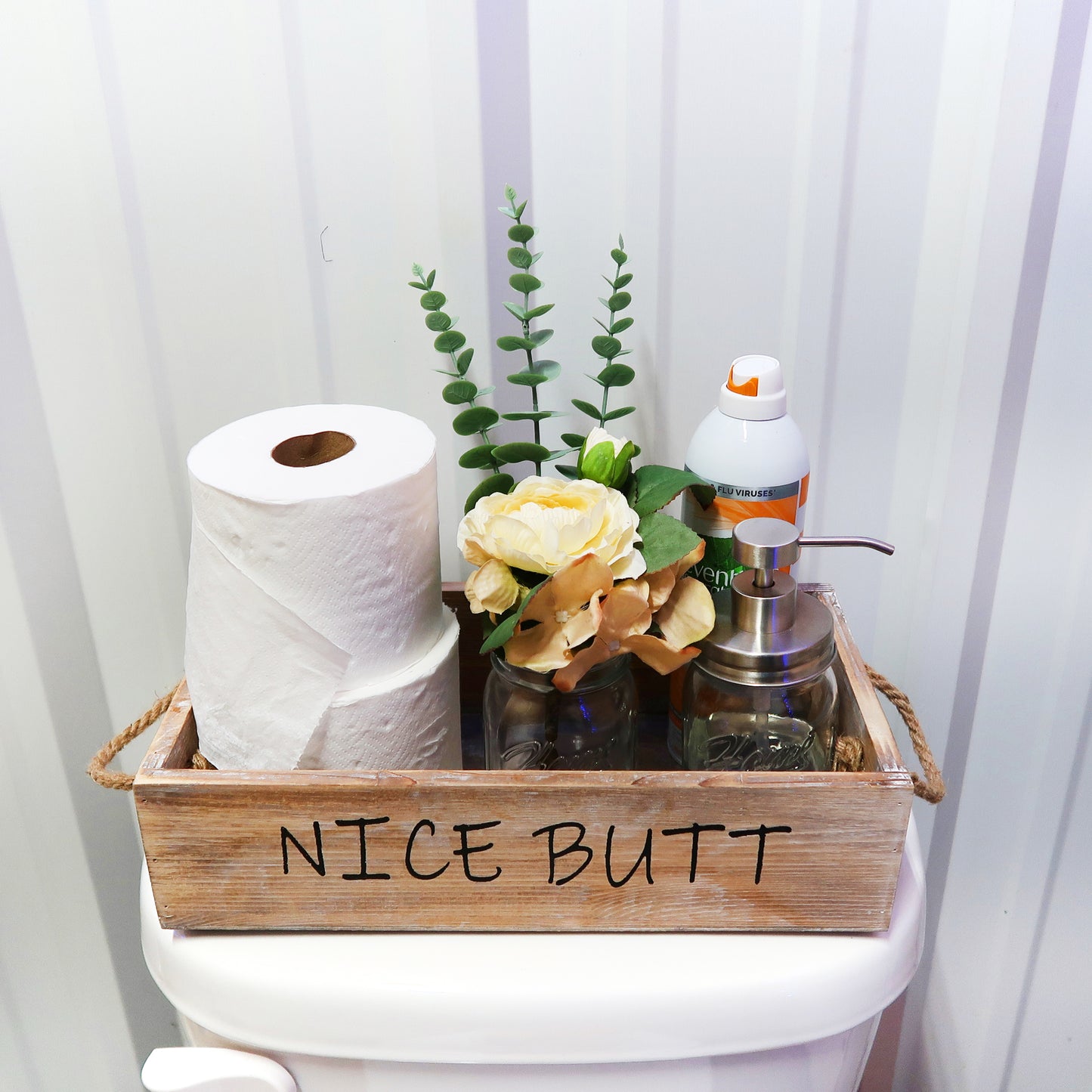 Funny Toilet Paper Holder for Bathroom - Rustic Nice Butt Decor Large Box Crate for Toilet Tank Decorations, Counter,Home Includes Mason Jar Soap Dispenser & Artificial Flower,Brown