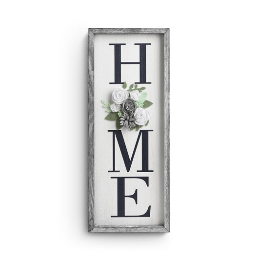 Vertical HOME Sign with Felt Flower - Farmhouse Wood Framed Sign for Home Decor, Gallery Wall Art,Home Plaque Wall Hanging Sign 21.7x8.6, Rustic Grey