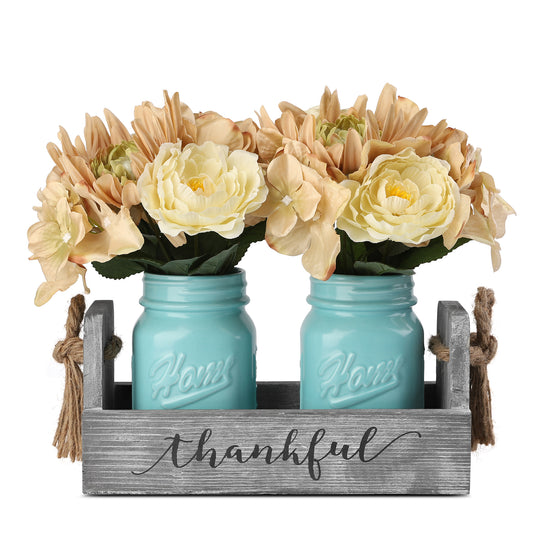 Rustic Table Centerpiece Decor-Decorative Thankful Wood Tray with 2 Painted Mason Jars, Rose Bouquet Flowers for Home,Dining Room, Living Room, Kitchen, New Home Housewarming Gift,Blue
