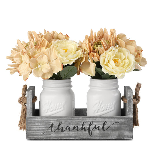 Decorative Mason Jar Centerpiece, Rustic Wood Tray Home Decor with 2 Mason Jars,Rose Bouquet Flowers for Dining Room,Living Room,Kitchen,Office,Coffee Table,Utensils Holder, White