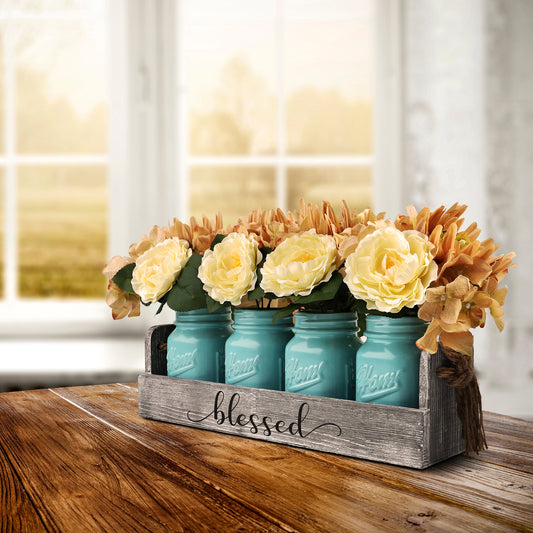 Dining Table Centerpieces, Farmhouse Floral Wood Tray Modern Centerpieces with 4-Blue Mason Jars & Flowers for Dining Room, Kitchen, Living Room, Gift