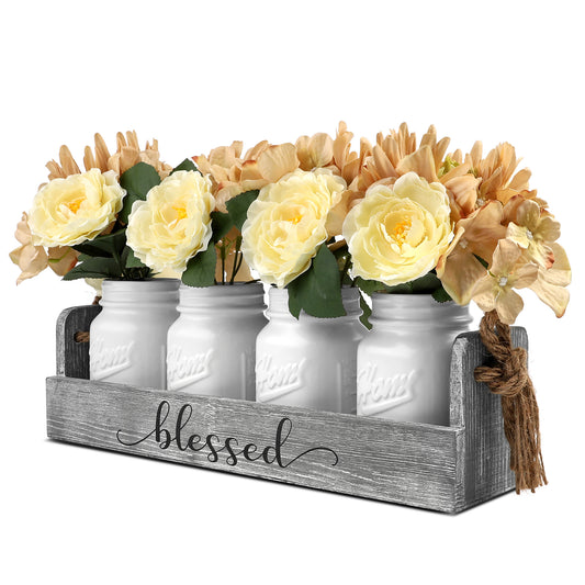 Dining Table Centerpieces, Farmhouse Floral Wood Tray Modern Centerpieces with 4-White Mason Jars & Flowers for Dining Room, Kitchen, Living Room, Gift