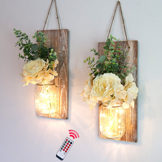 Farmhouse Wall Decor for Living Room - Modern Farmhouse Hanging Home Decor Rustic Wall Sconces with Remote LED Fairy Lights and Rose Eucalyptus for Bedroom Kitchen Decorations,Brown