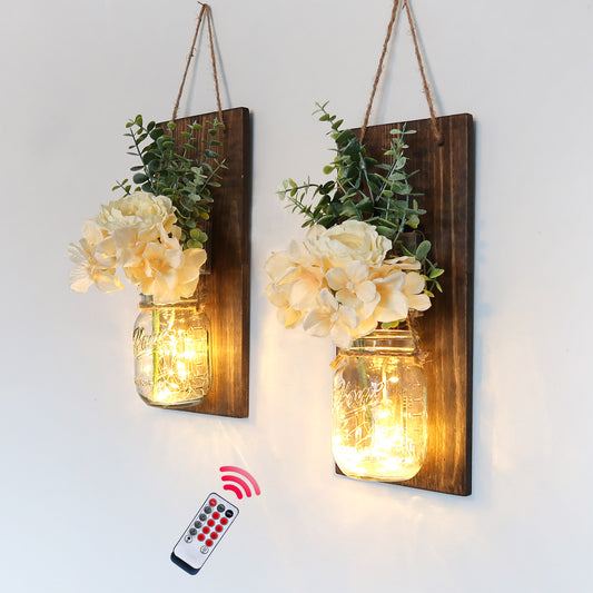 Rustic Home Decor Set of 2 - Hanging Wall Sconce Farmhouse Decor with LED Fairy Lights Smart Remote Control,vRustic Living Room Kitchen Decorations (X-Large), Walnut color
