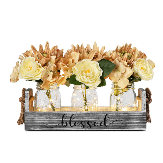 Mason Jar Centerpiece for Table - Country Kitchen Decor with Thankful Farmhouse Box, LED String Light & Decorative Flowers for Home Kitchen Utensil Holder, Coffee Table Display