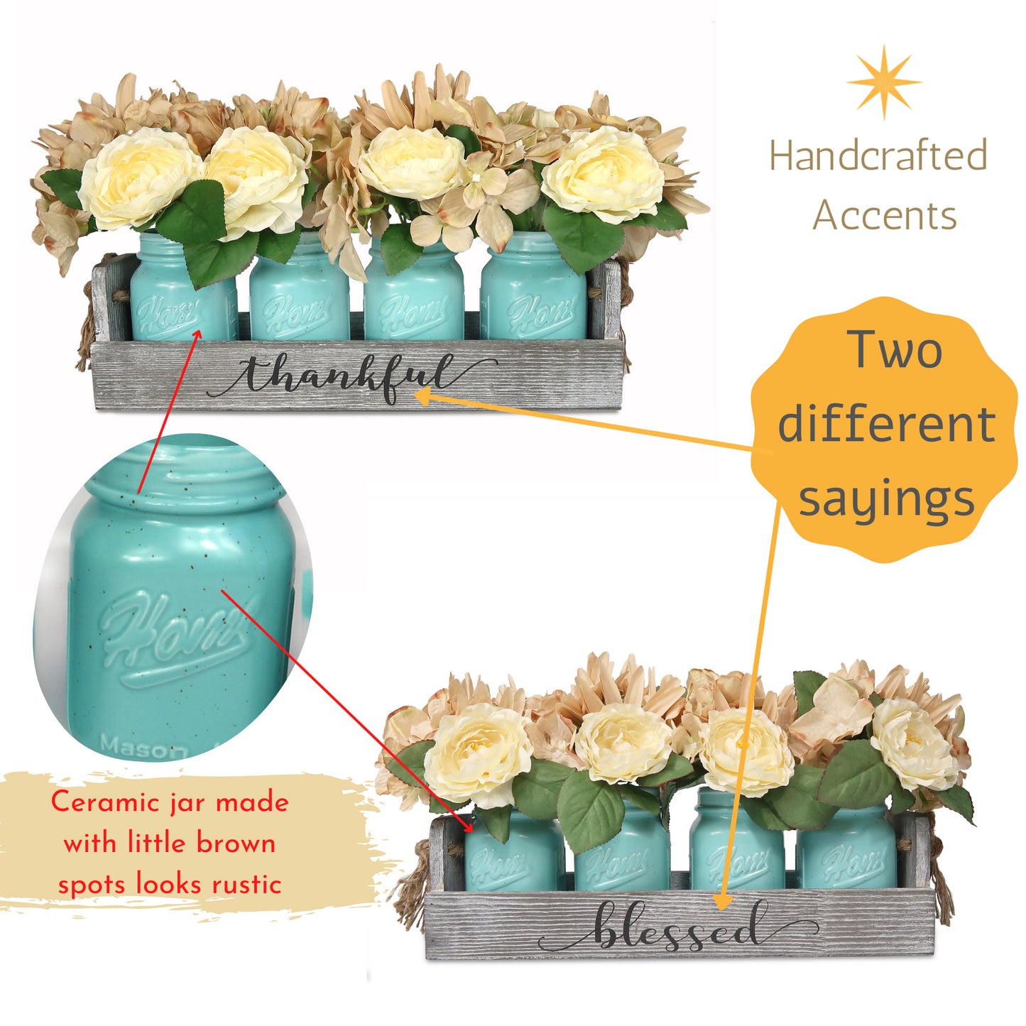 Dining Table Centerpieces, Farmhouse Floral Wood Tray Modern Centerpieces with 4-Blue Mason Jars & Flowers for Dining Room, Kitchen, Living Room, Gift