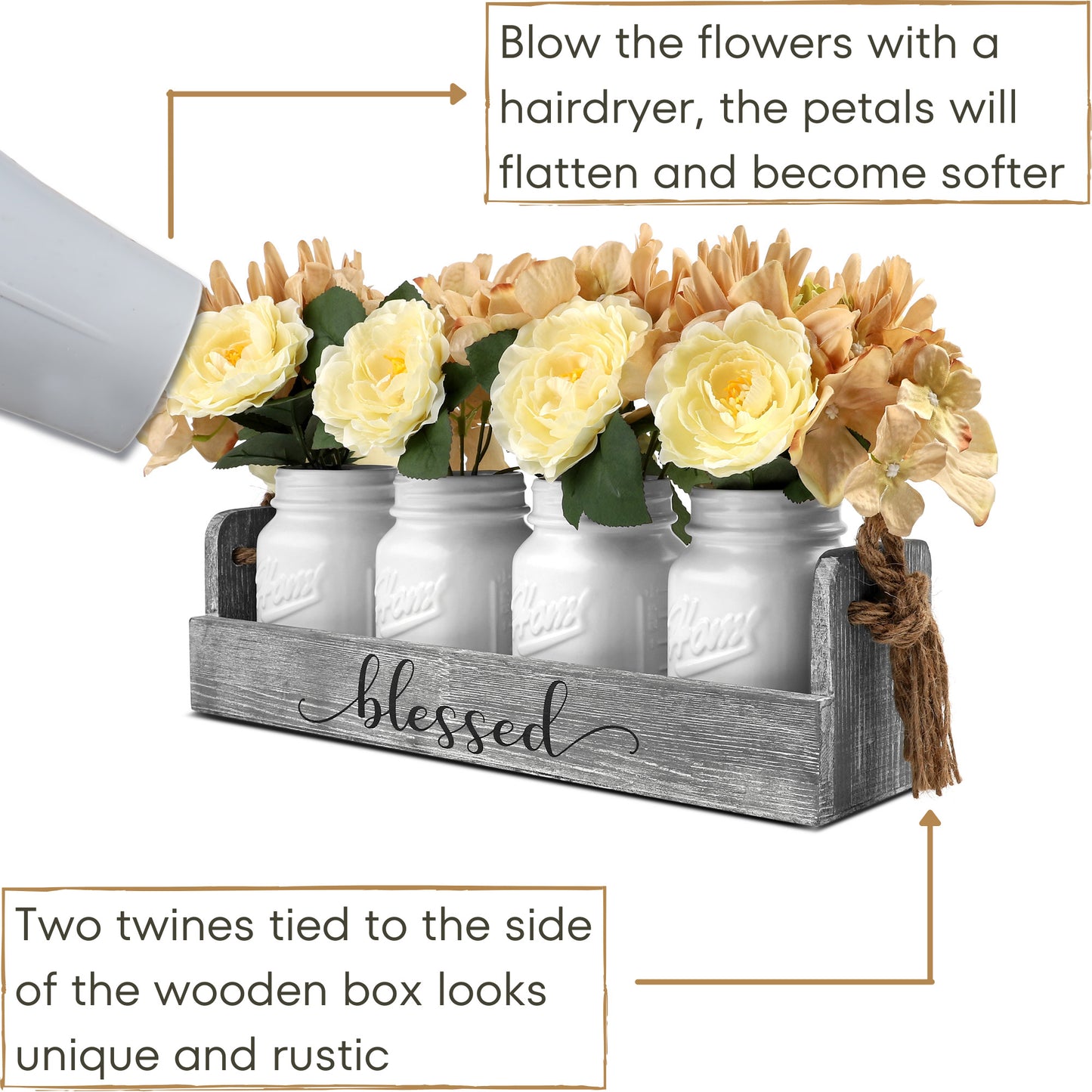 Dining Table Centerpieces, Farmhouse Floral Wood Tray Modern Centerpieces with 4-White Mason Jars & Flowers for Dining Room, Kitchen, Living Room, Gift