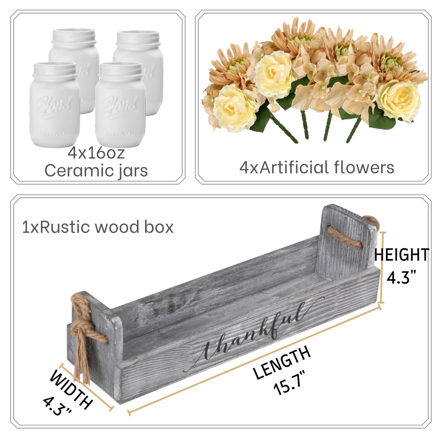 Dining Table Centerpieces, Farmhouse Floral Wood Tray Modern Centerpieces with 4-White Mason Jars & Flowers for Dining Room, Kitchen, Living Room, Gift
