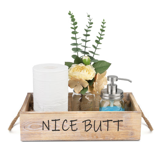 Funny Toilet Paper Holder for Bathroom - Rustic Nice Butt Decor Large Box Crate for Toilet Tank Decorations, Counter,Home Includes Mason Jar Soap Dispenser & Artificial Flower,Brown