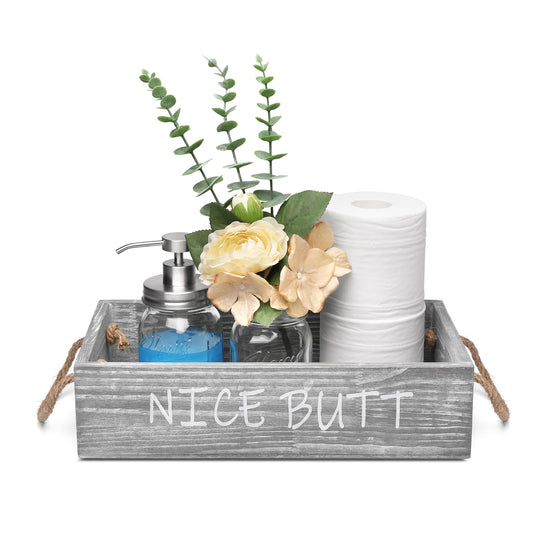 Nice Butt Bathroom Decor Box-Farmhouse Bathroom Decorations Wood Tissue Box Holder w/ 16oz Mason Jar Soap Dispenser&Greenery Rose Champagne for Bathroom,Table and Counter,Grey