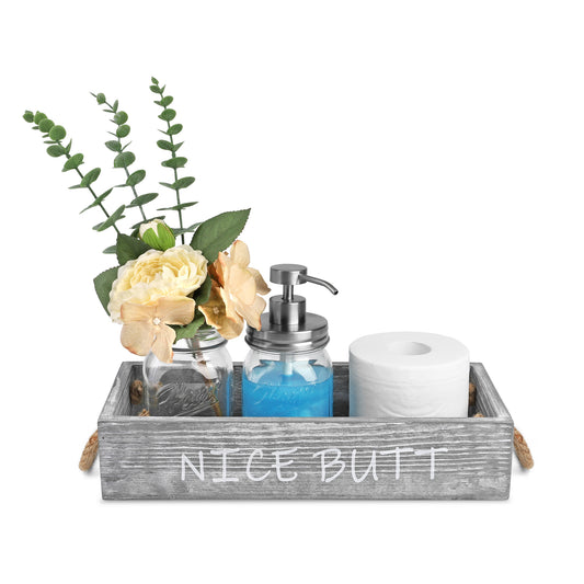 Bathroom Toilet Paper Storage Box- Rustic Decorative Paper Holder Box with 2 sided Funny Sayings Nice Butt for Home,Bathroom,Counter Decor,Mason Jar Soap Dispenser and Flower,Grey